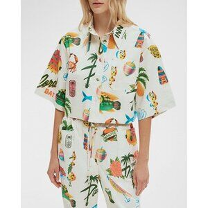 Alemais Cropped Button-Front Tropical Print Blouse in White Multi